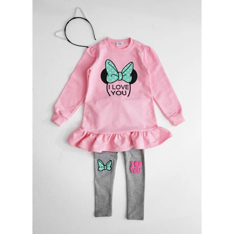 Kids Clothing Set featuring pink dress with bow and grey leggings, perfect for spring and autumn wear.