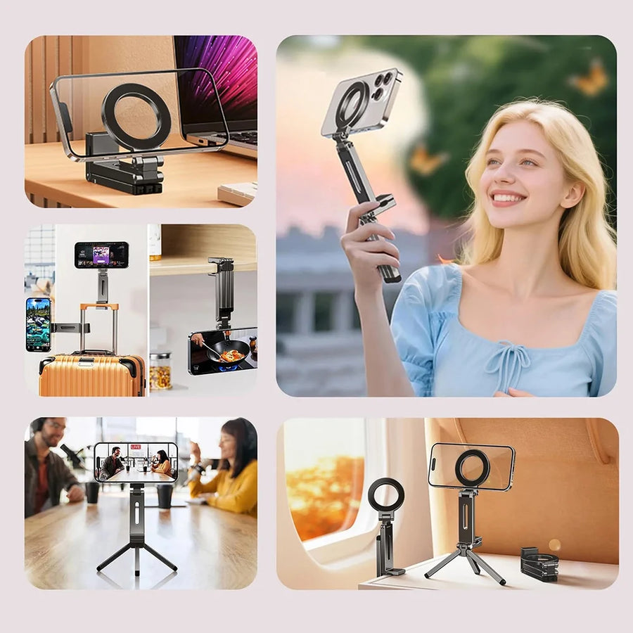 MagSafe Magnetic Phone Tripod – Foldable Selfie Stick Tripod with Detachable Legs, 360° Handheld Travel Stand for iPhone 17/16/15/14/13 Pro
