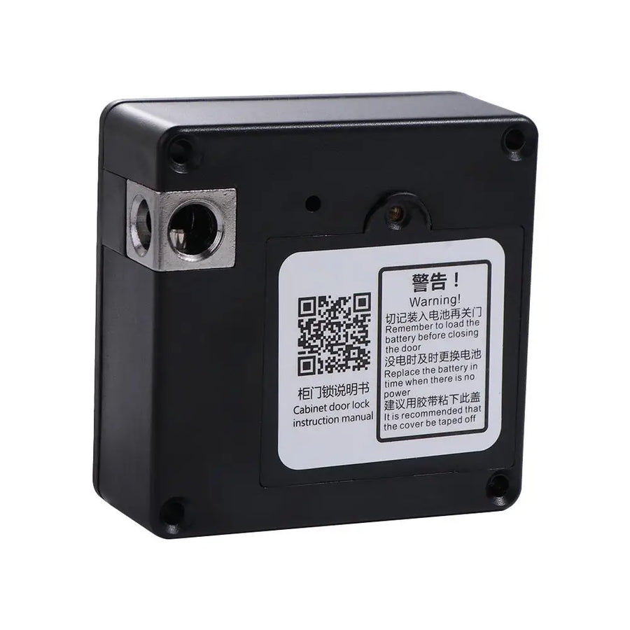 Back of hidden RFID electronic drawer lock with QR code and battery warning label, keyless IC card cabinet lock unit