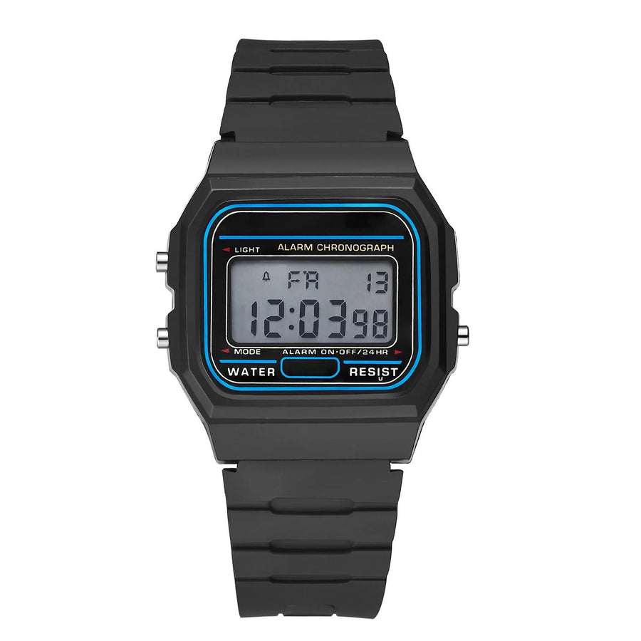 Men's black LED digital military watch with blue accents and water resistance, close-up of digital dial on white background.