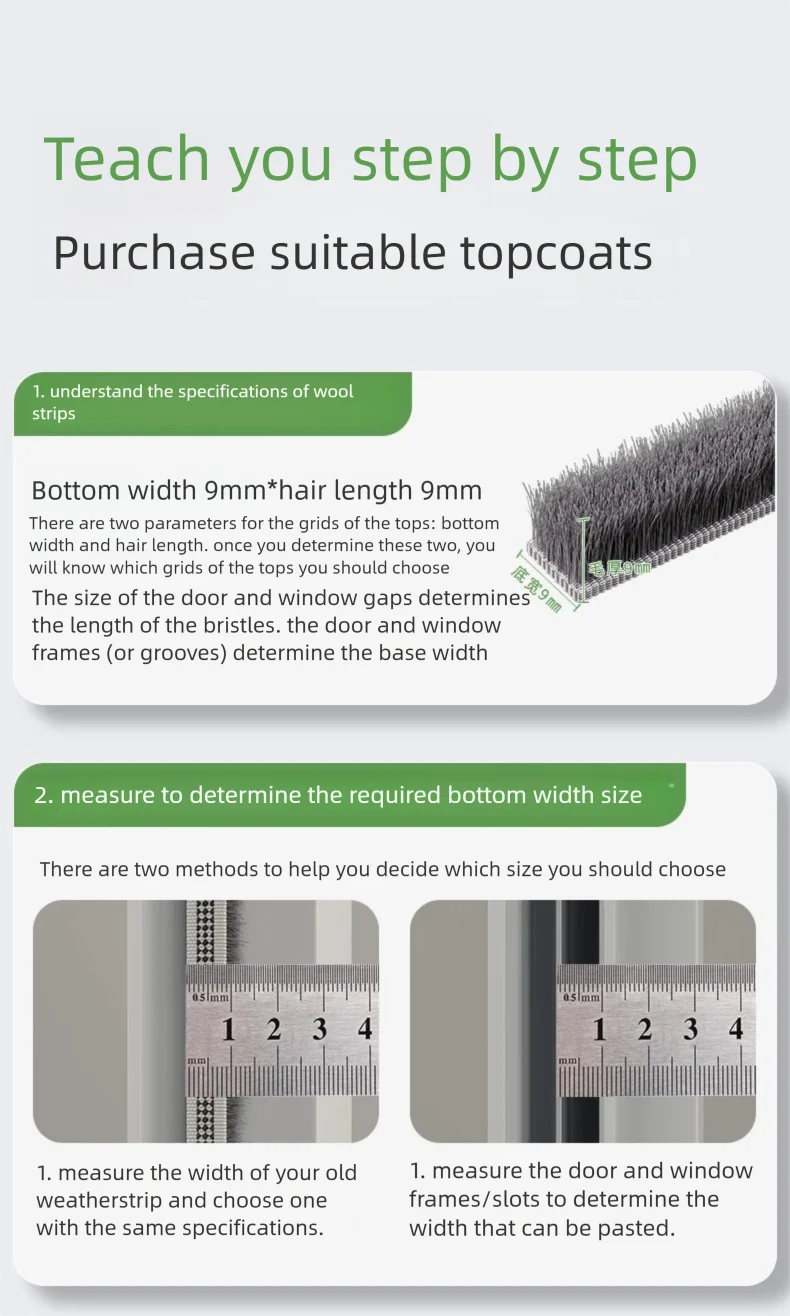 Guide for matching sealing strip width to door seam measurements