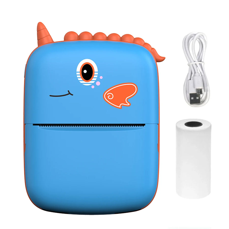 Blue cartoon-style mini Bluetooth thermal label printer with orange accents, USB cable and paper roll on white background