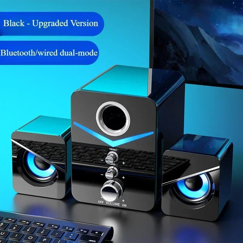 Wired desktop speakers showcasing HiFi stereo sound with a USB connection, ideal for gaming and multimedia.