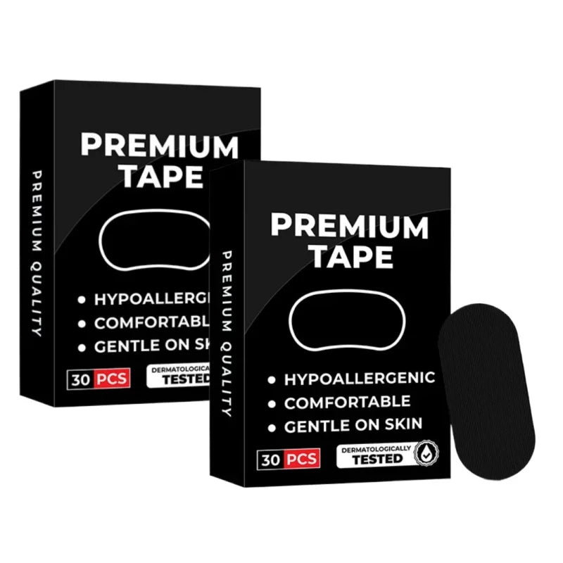 Mouth Tape for Snoring - two boxes of premium mouth tape with single strip on white background
