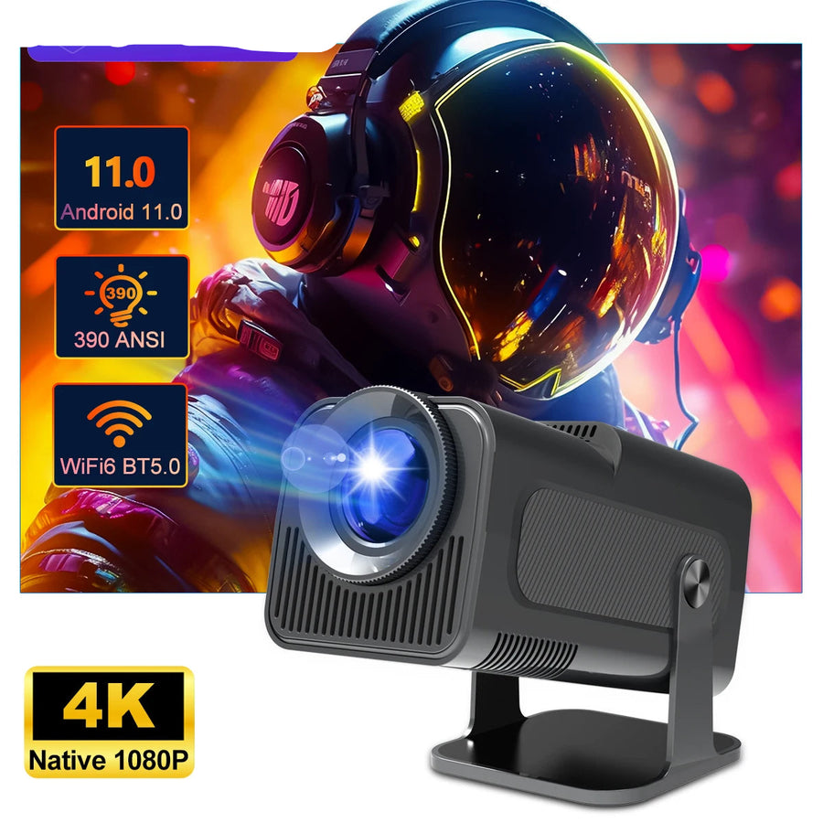 HY320 mini Android projector, black, front view