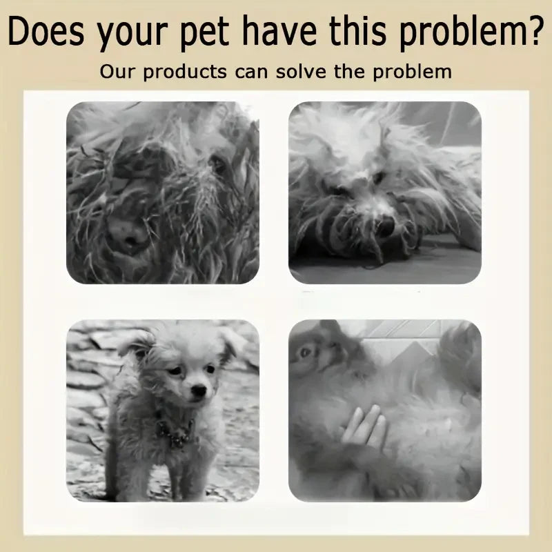 Pet Oat 3-in-1 deodorizing pet shampoo – problem and solution graphic showing dirty matted dogs before washing
