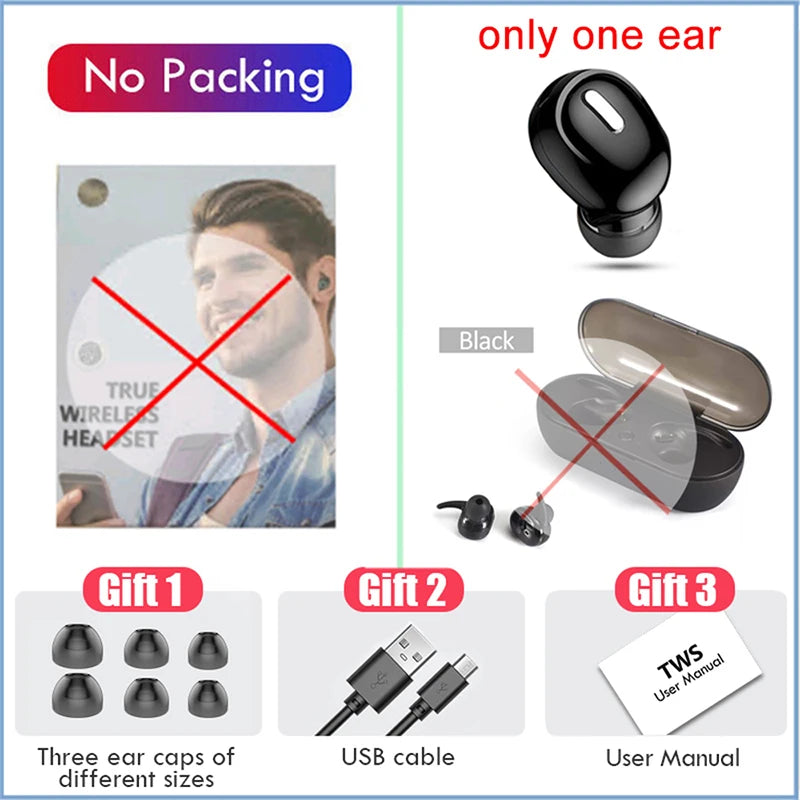 Comparison of wireless earbud packaging with and without accessories on a blue background.
