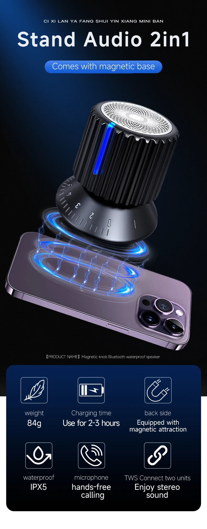 Portable Magnetic Bluetooth Speaker – Waterproof, Stereo Surround Sound with Subwoofer