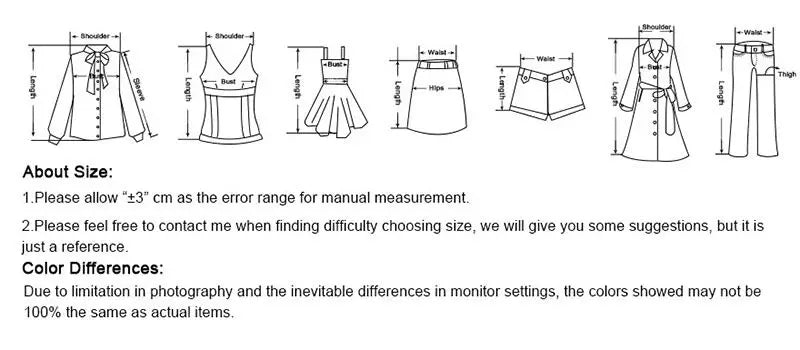 Size chart with garment measurement diagrams and notes on sizing and color differences