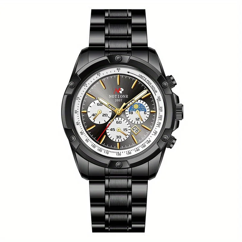 Men's quartz chronograph watch with black dial, gold markers and black alloy band on a white background, featuring the brand 'NOTIONR'.