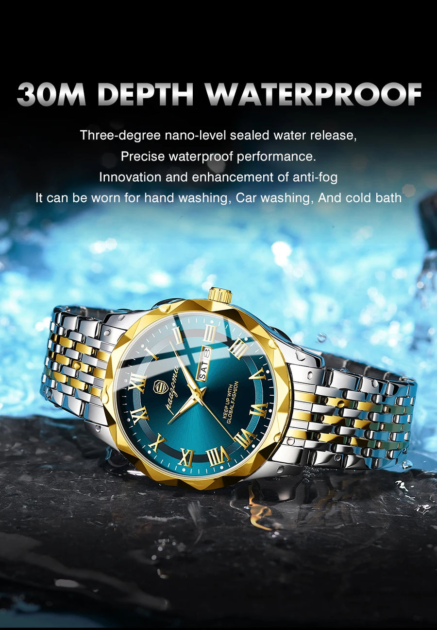 Men's minimalist quartz leisure watch – wristwatch with gold and silver band on black background with water droplets