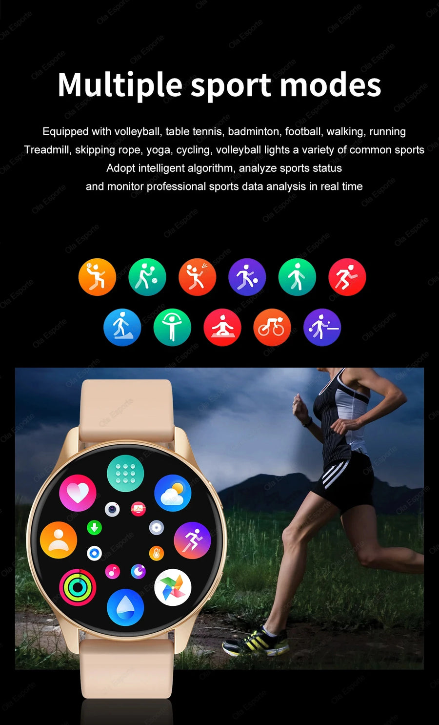 Women's Smart Watch 6 showing sports modes on screen with person running outdoors