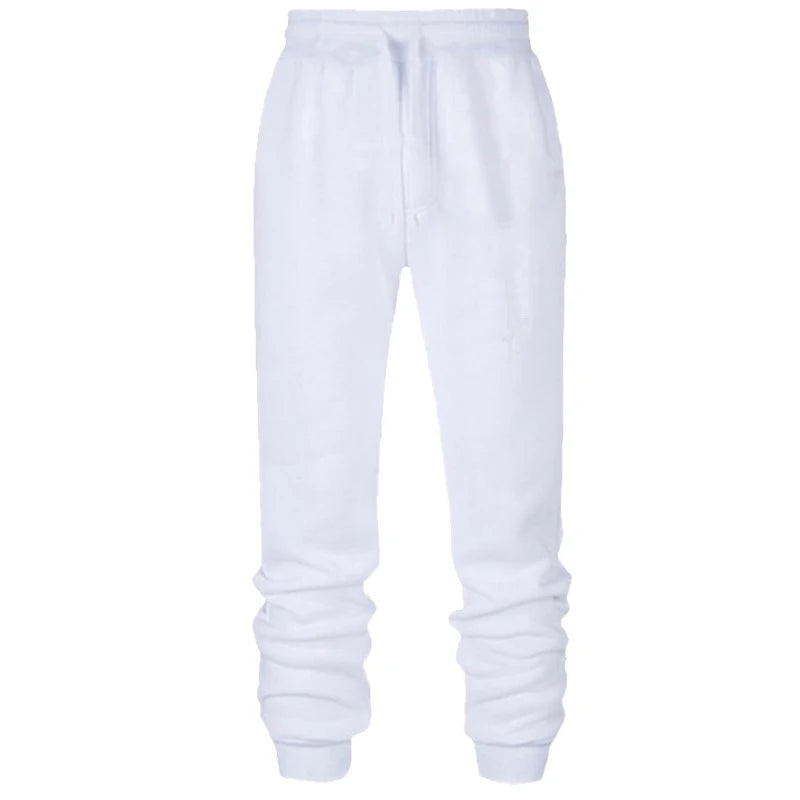 Men's white casual jogger sweatpants with cuffed ankles on white background