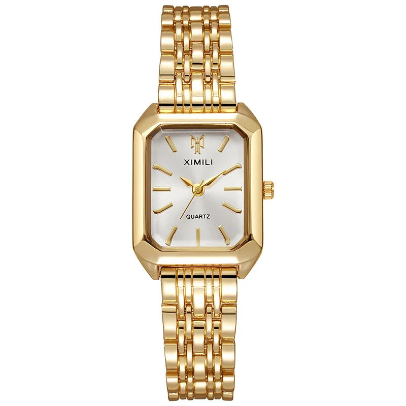 Women's gold square quartz watch with white dial on white background