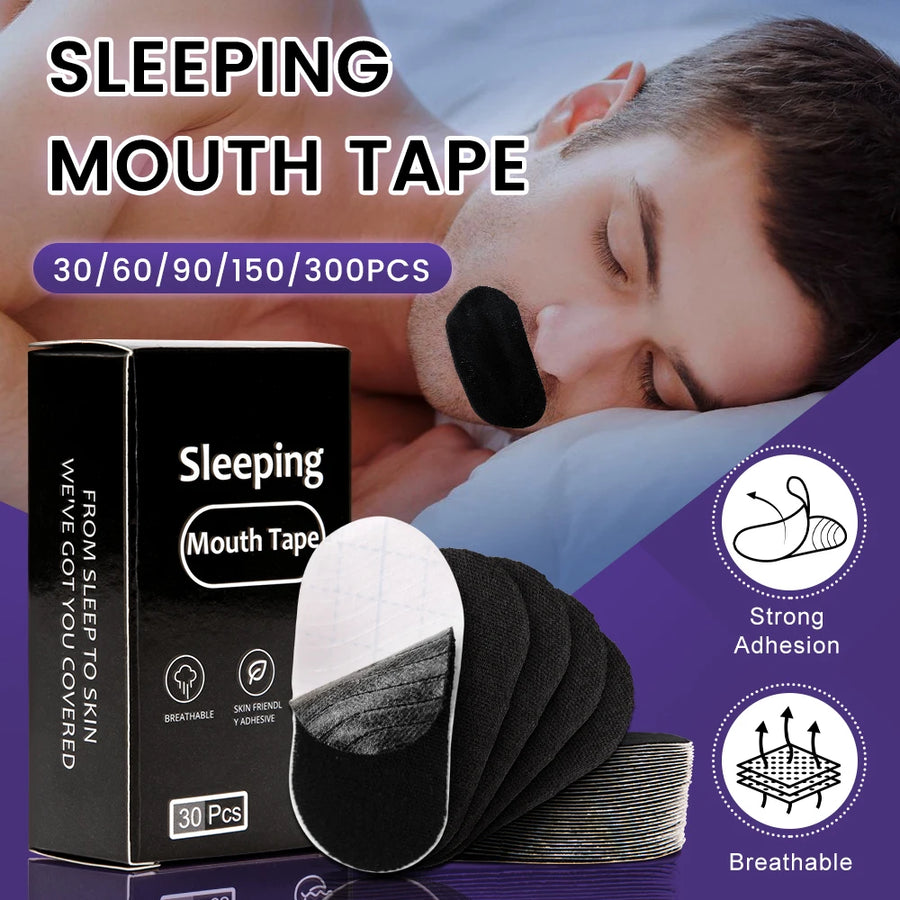 Mouth tape for sleeping – anti-snoring strips box 30/60/90/300 pcs, man sleeping with tape applied