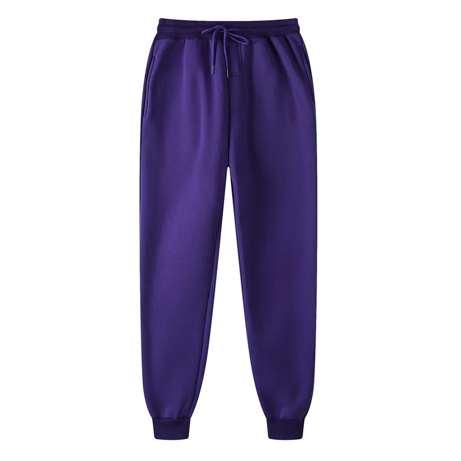Mens fleece lined jogger sweatpants – purple sweatpants on white background