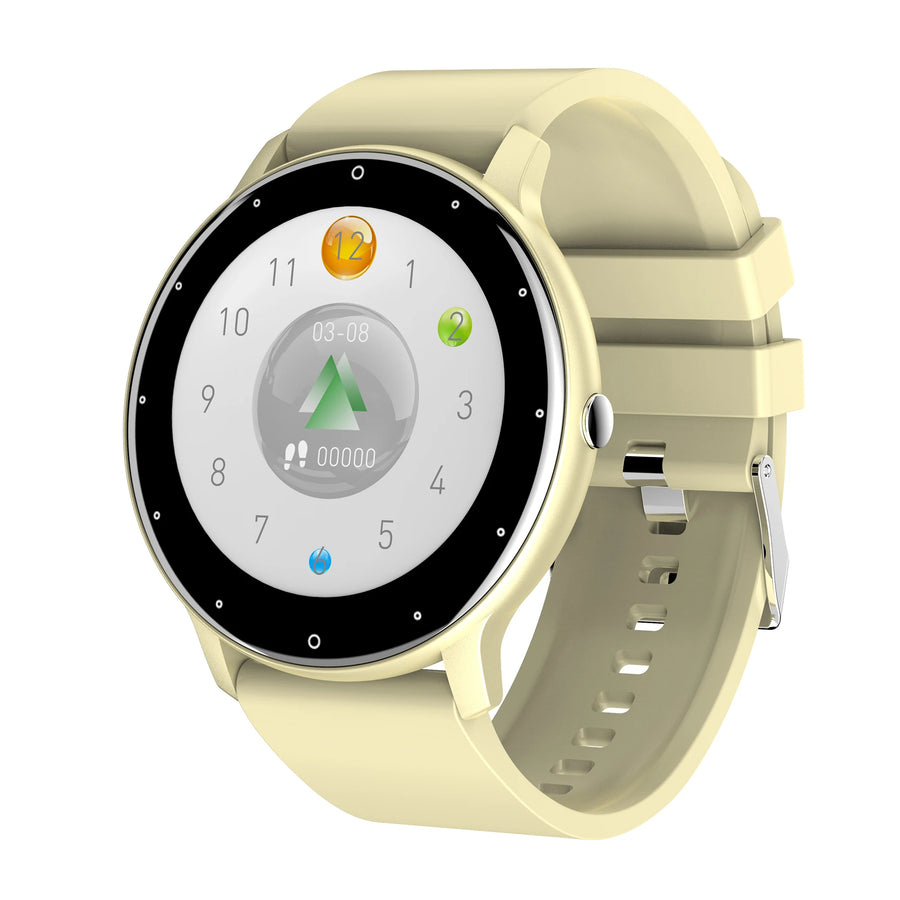Beige smartwatch with round display on white background