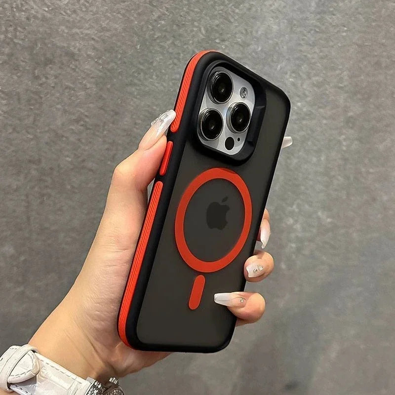 Hand holding a black phone case with red accents featuring an Apple logo.