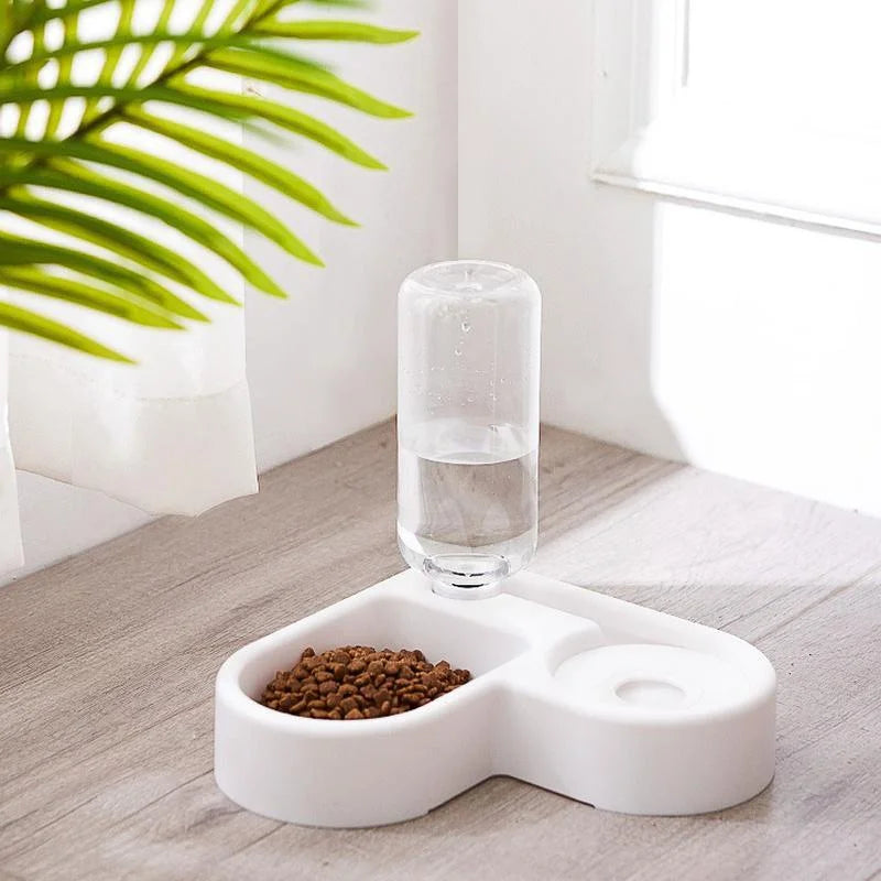 Pet feeder and water bottle set on a wooden floor with a plant in the background