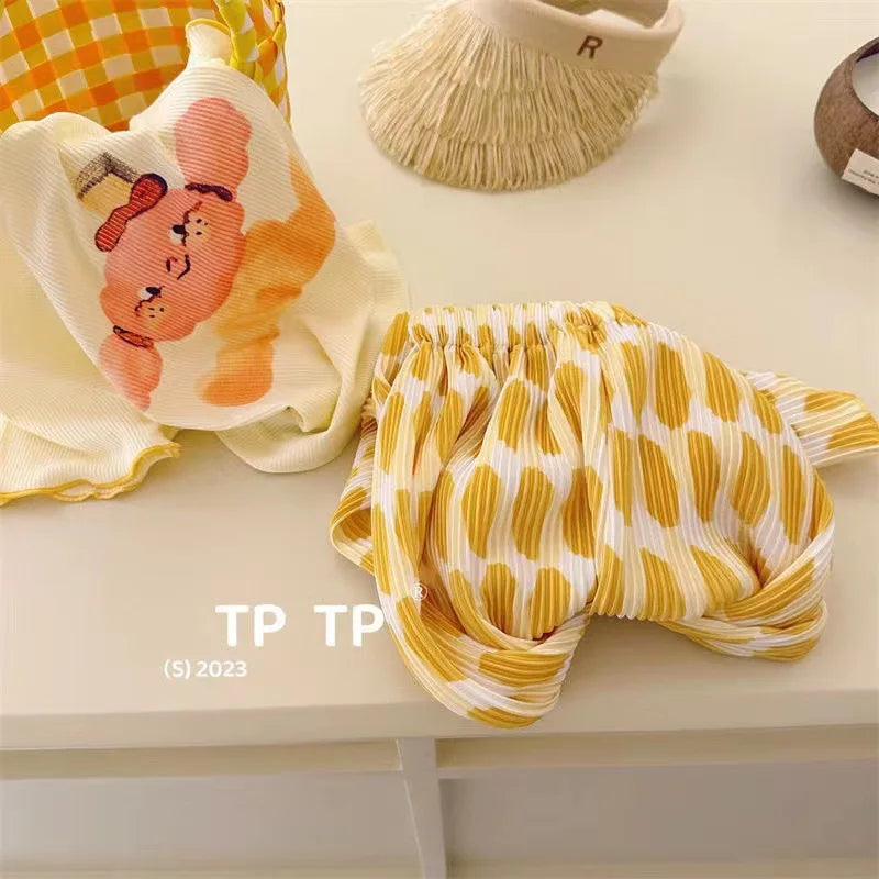 Kids Cartoon Print Clothing Set – Short Sleeve Top + Polka Dot Wide Leg Pants