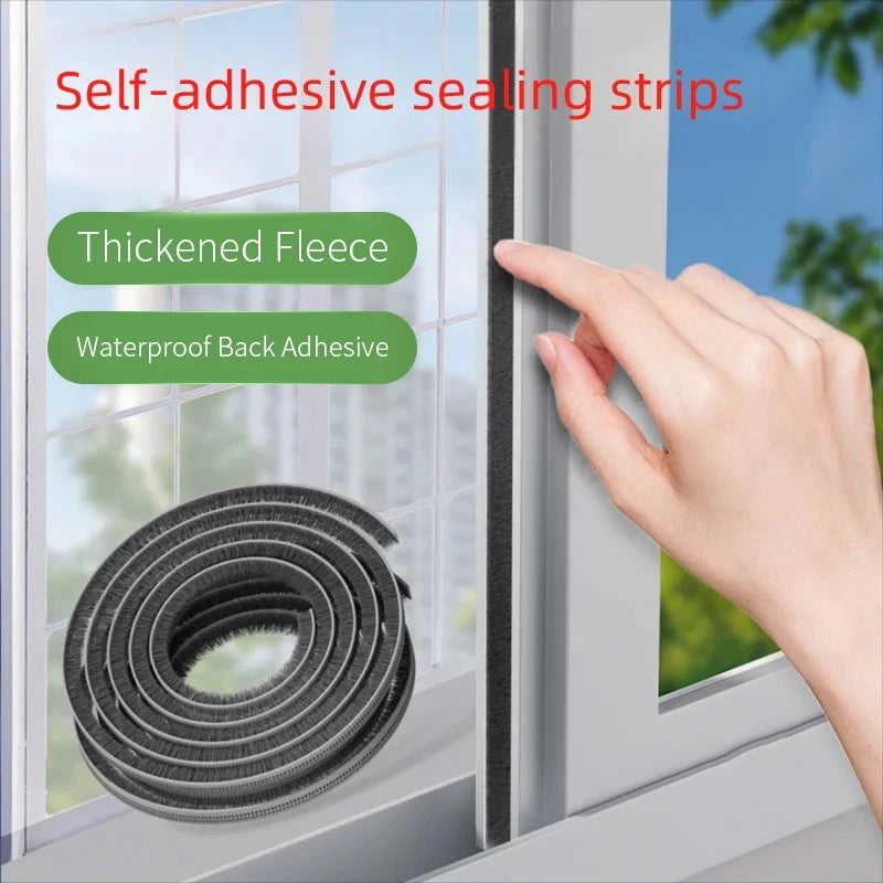 Hand applying a self-adhesive brush door sealing strip to a window frame, with coiled roll showing thickened fleece and waterproof backing