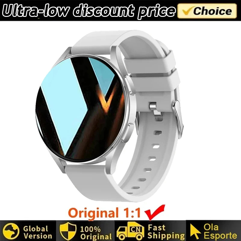 Women's Smart Watch 6 with white band on white background with promotional text about discount price