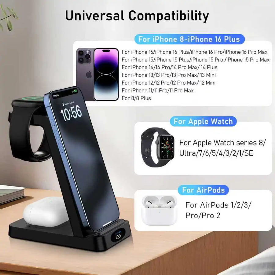 3-in-1 Wireless Charger – Desktop Charging Stand for iPhone, iWatch & Earbuds