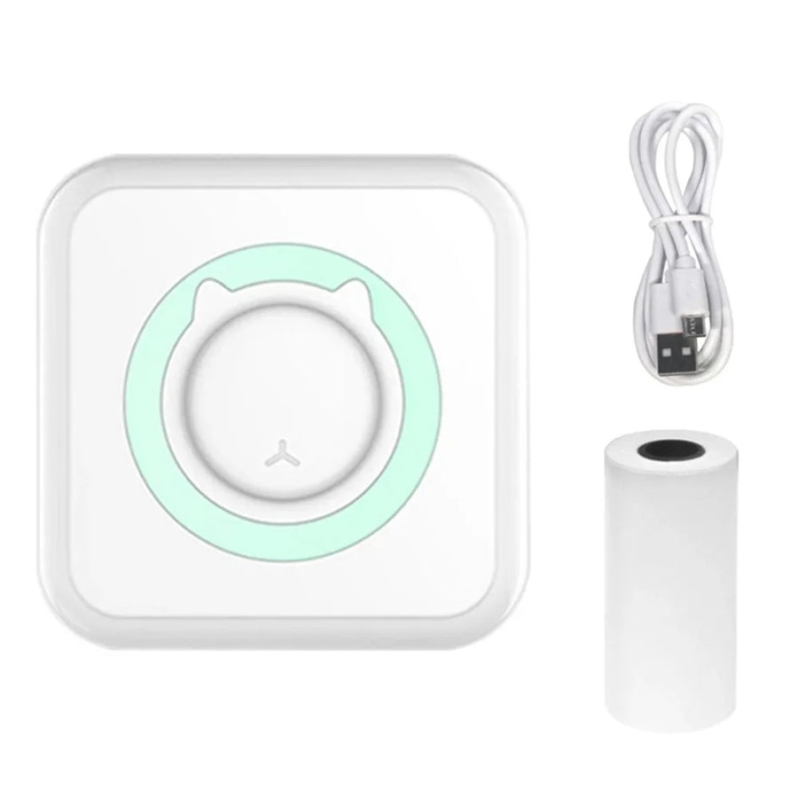 Mini Bluetooth thermal label printer device with USB cable and paper roll on white background