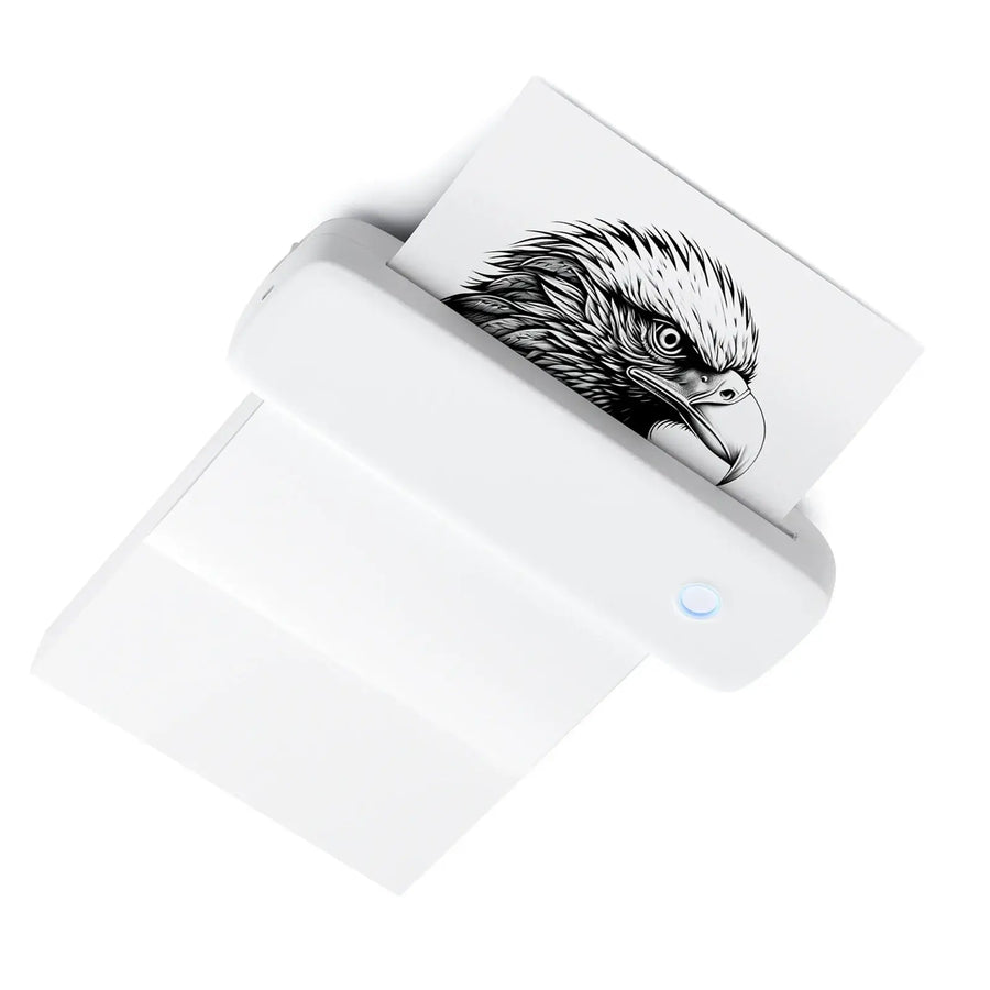 White portable Bluetooth thermal label printer with eagle image print — wireless inkless label maker for barcodes and stickers