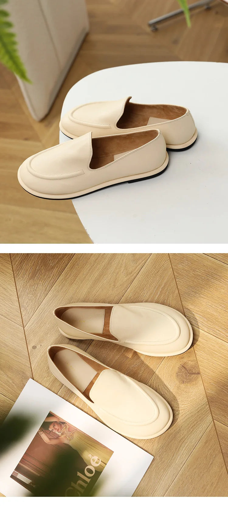 Women's Genuine Leather Loafers – Round Toe Slip-On Flat Shoes