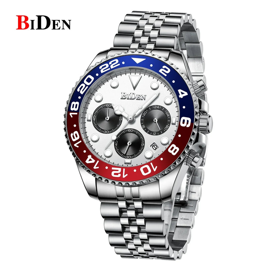 Men's silver quartz dress watch with red and blue minimalist round dial on white background