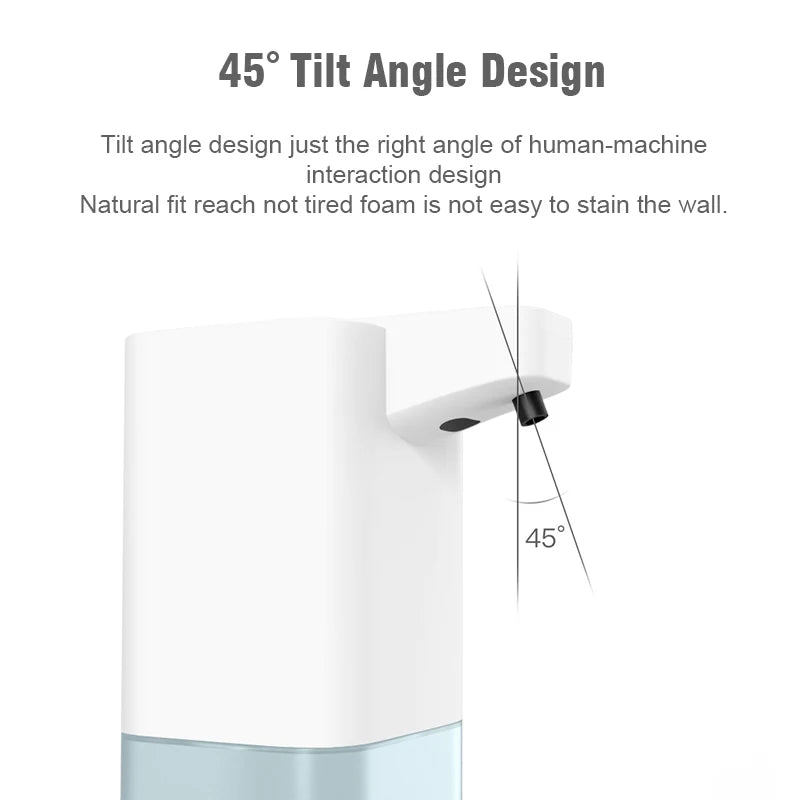 White wall-mounted foam application device with 45-degree tilt angle design on a white background.