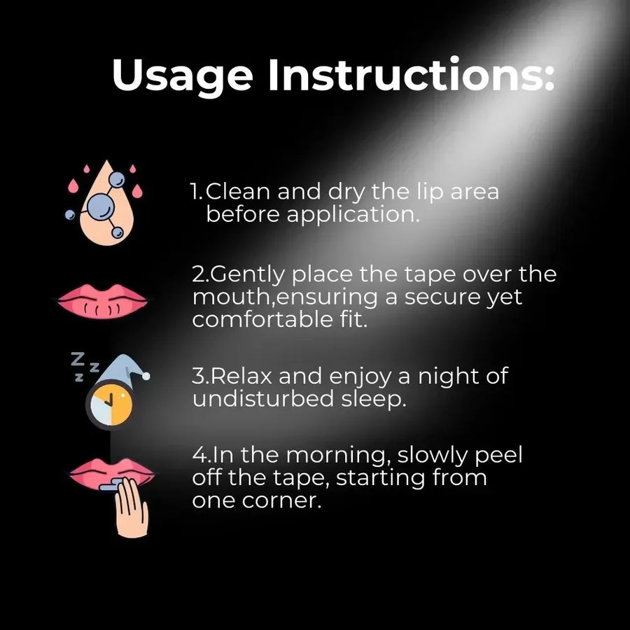 Usage instructions for a product on a black background with icons and text.