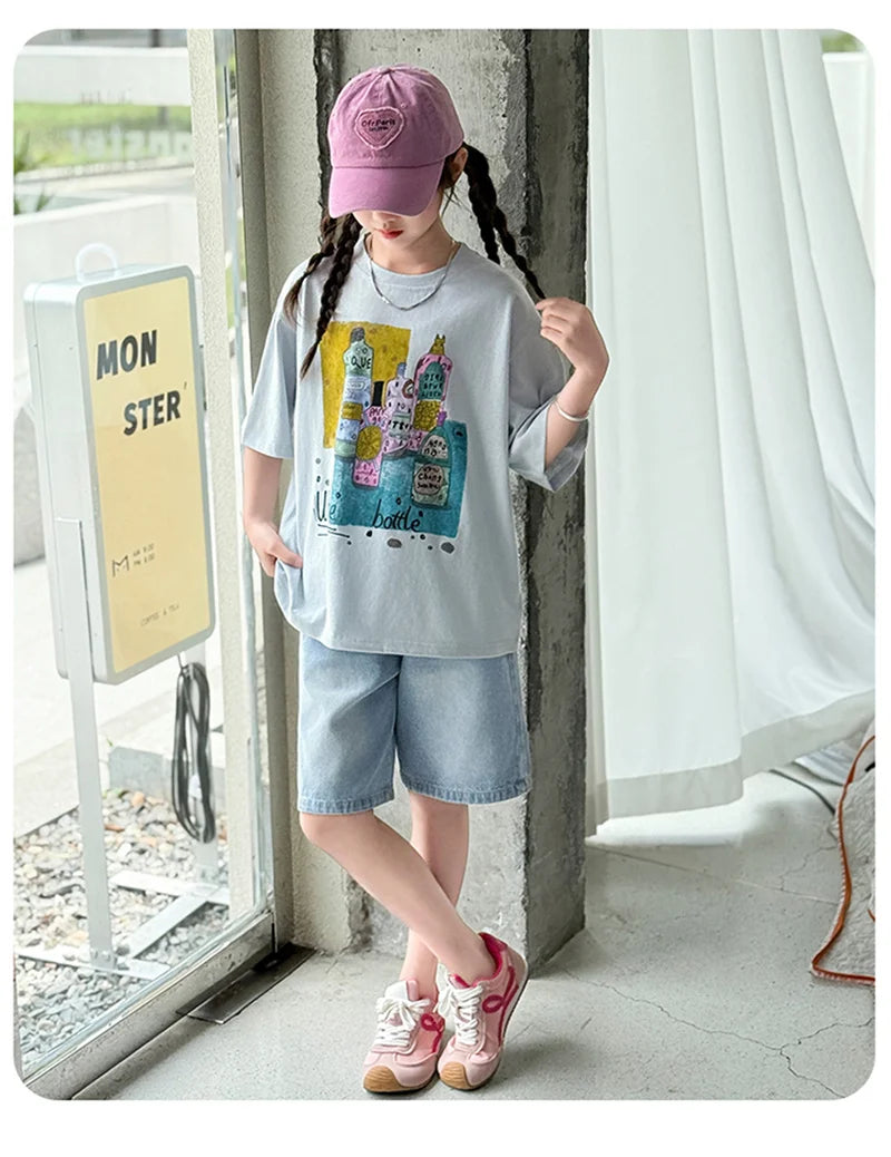 Girls Summer Outfit Set – Print T-Shirt + Shorts (Ages 5-14)