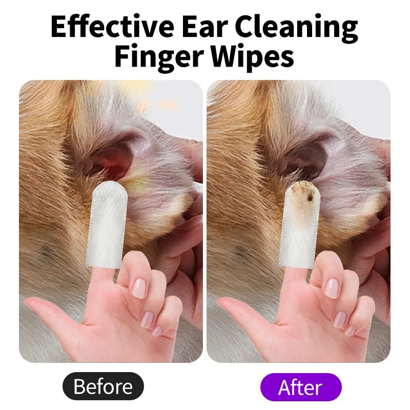 Before and after photos of a dog's ear using pet ear cleaning finger wipes, showing dirt and wax removal