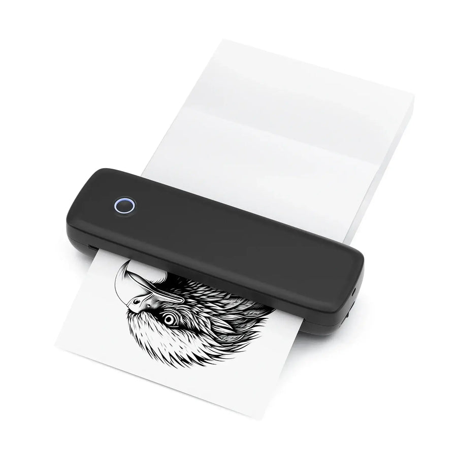 Black portable Bluetooth thermal label printer on a white background with printed eagle head image — wireless inkless label maker