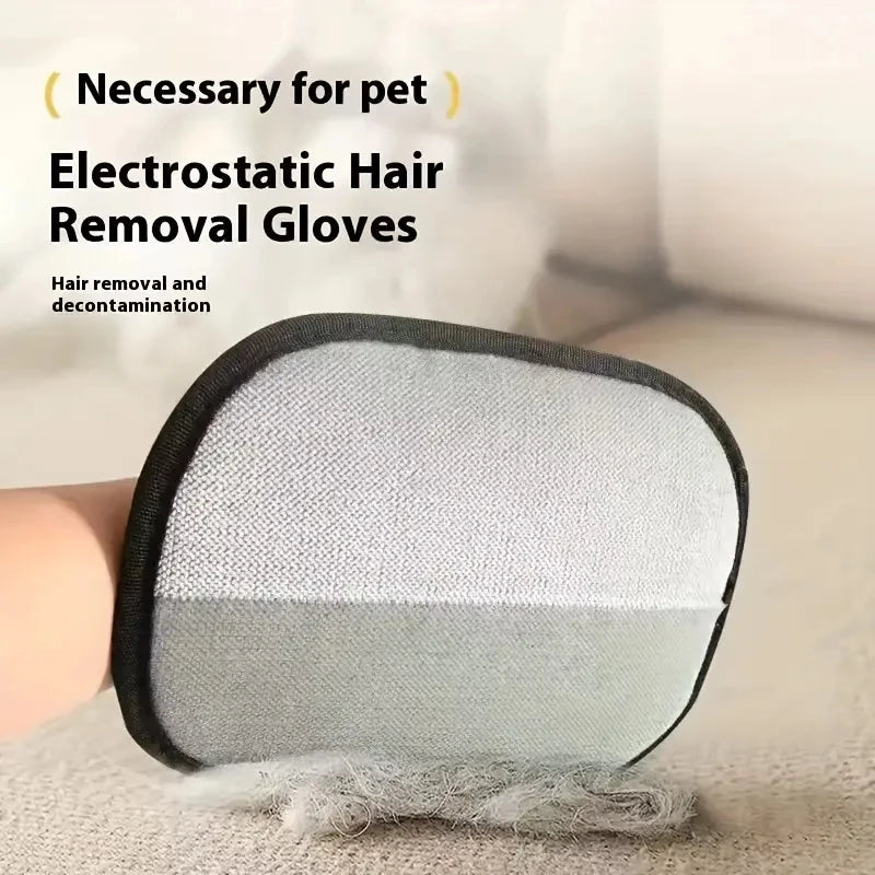 Electrostatic pet hair removal mitt – gray grooming mitt collecting pet hair from fabric