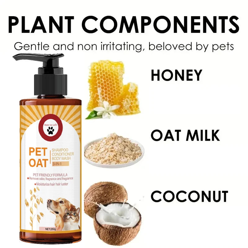 Pet oat shampoo bottle with plant components like honey, oat milk, and coconut on a white background.