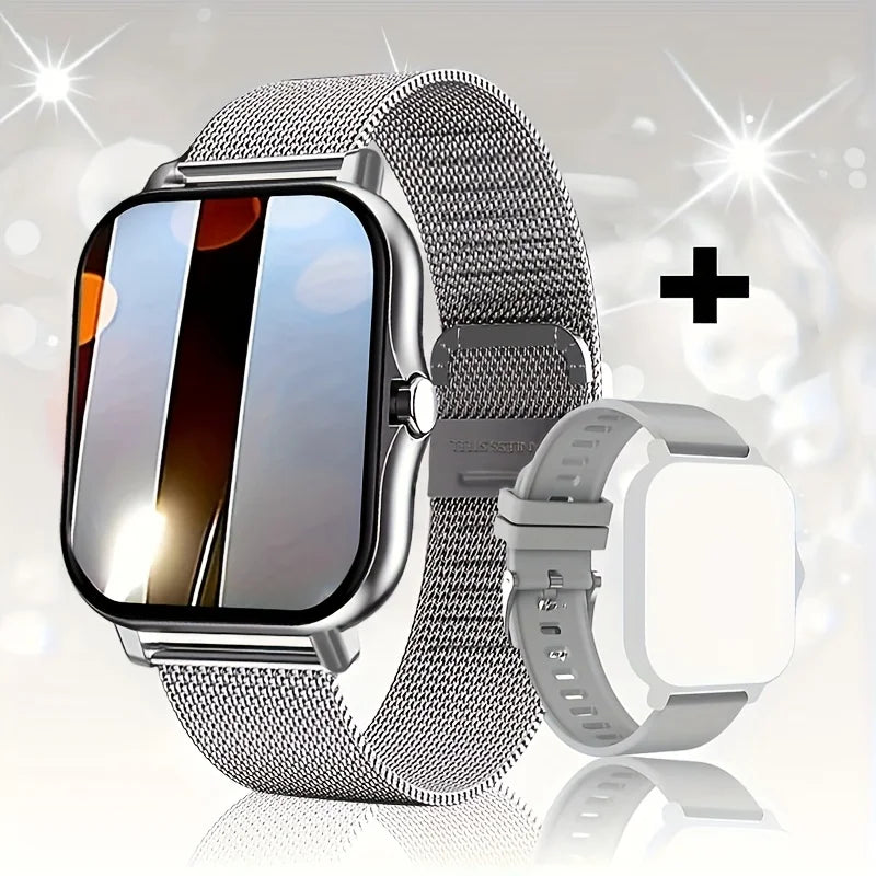Smartwatch with a metal mesh band on a sparkling background