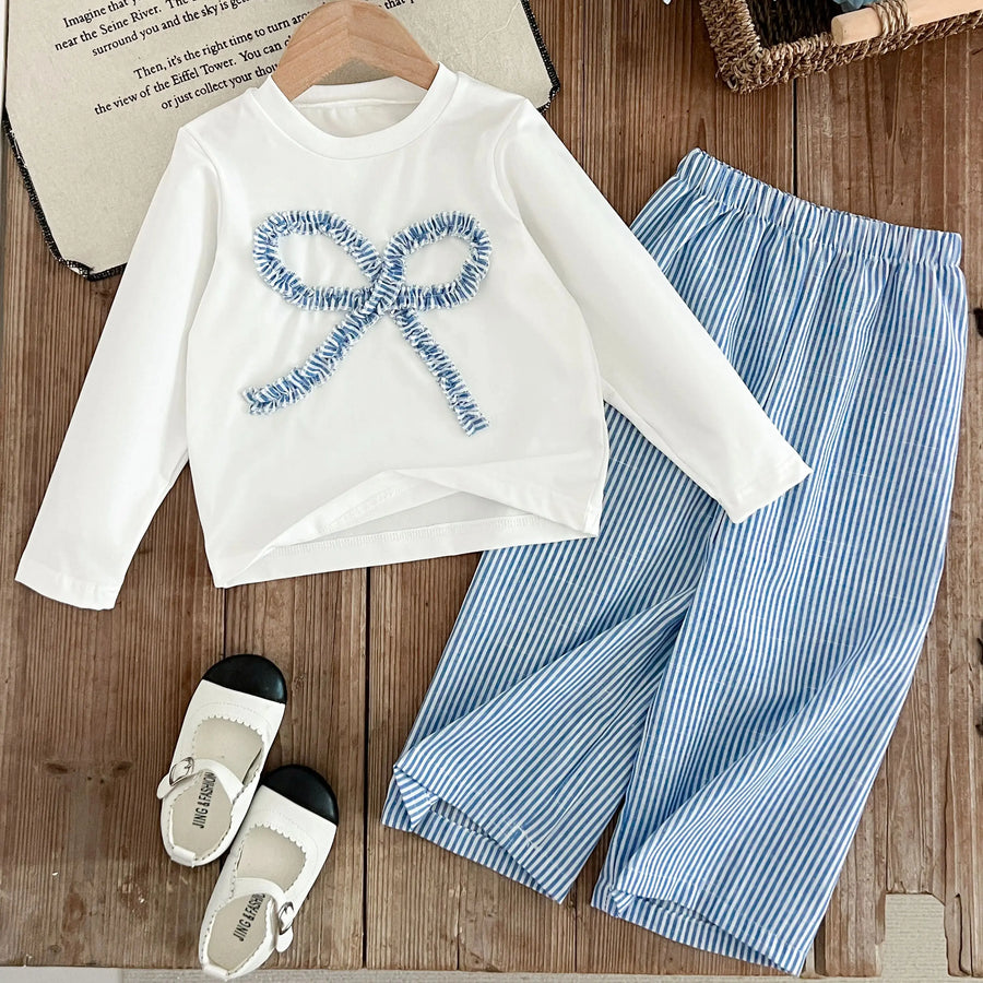 Girls 2-Piece Outfit Set – Bow Long-Sleeve Top + Striped Wide-Leg Pants