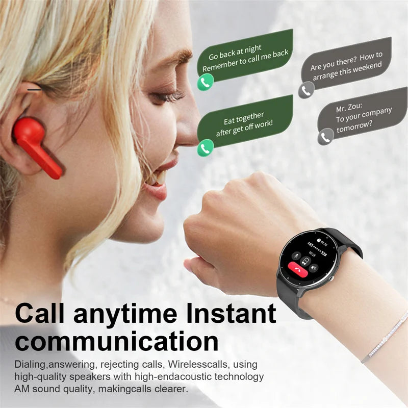 Woman wearing smartwatch with instant communication text, Bluetooth call feature