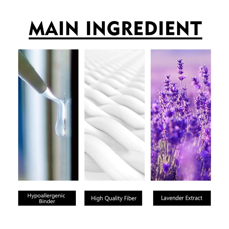 Three images of a hypoallergenic binder, high quality fiber, and lavender extract with text labels on a white background.