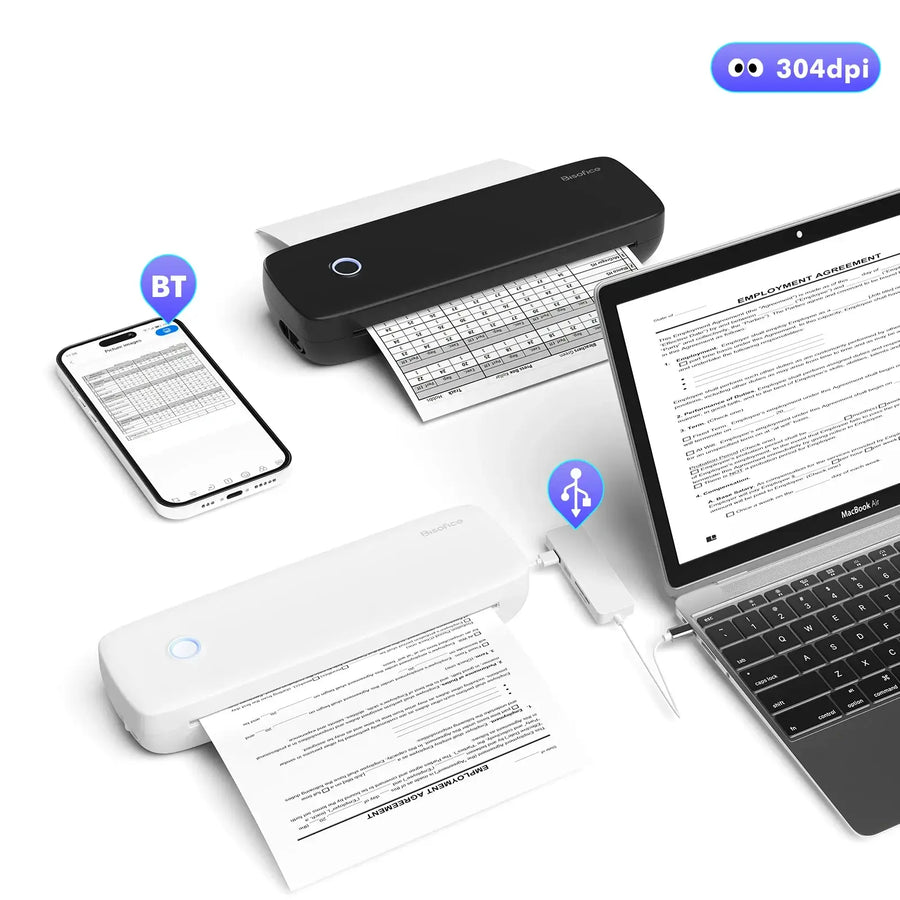 Portable Bluetooth thermal label printer with smartphone, laptop and printed labels on a white background — wireless inkless label maker
