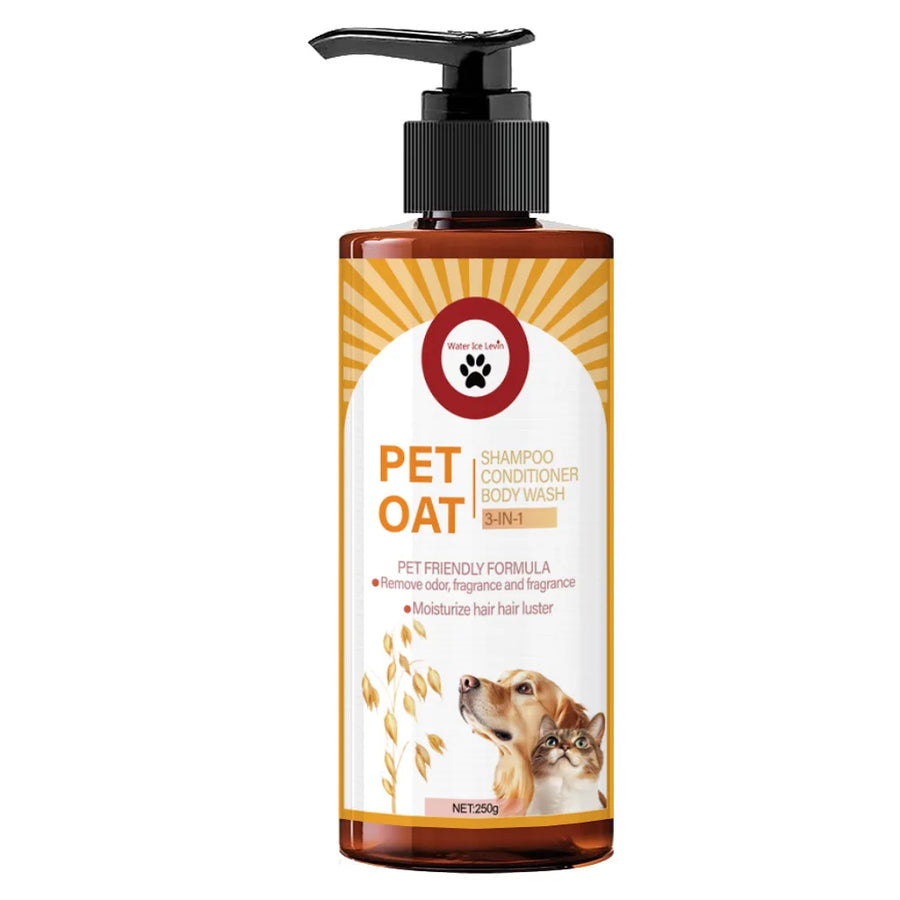 Pet Oat 3-in-1 deodorizing pet shampoo conditioner body wash bottle – amber pump bottle, 250g