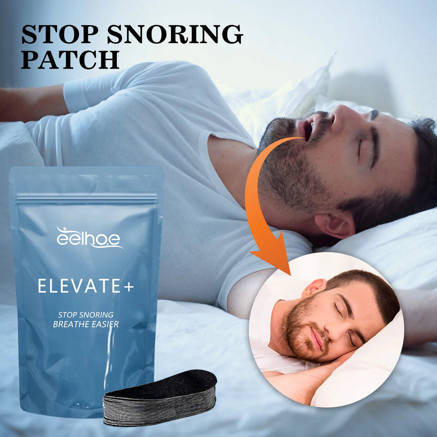 Man snoring with 'Stop Snoring Patch' anti-snoring mouth tape packaging and product displayed
