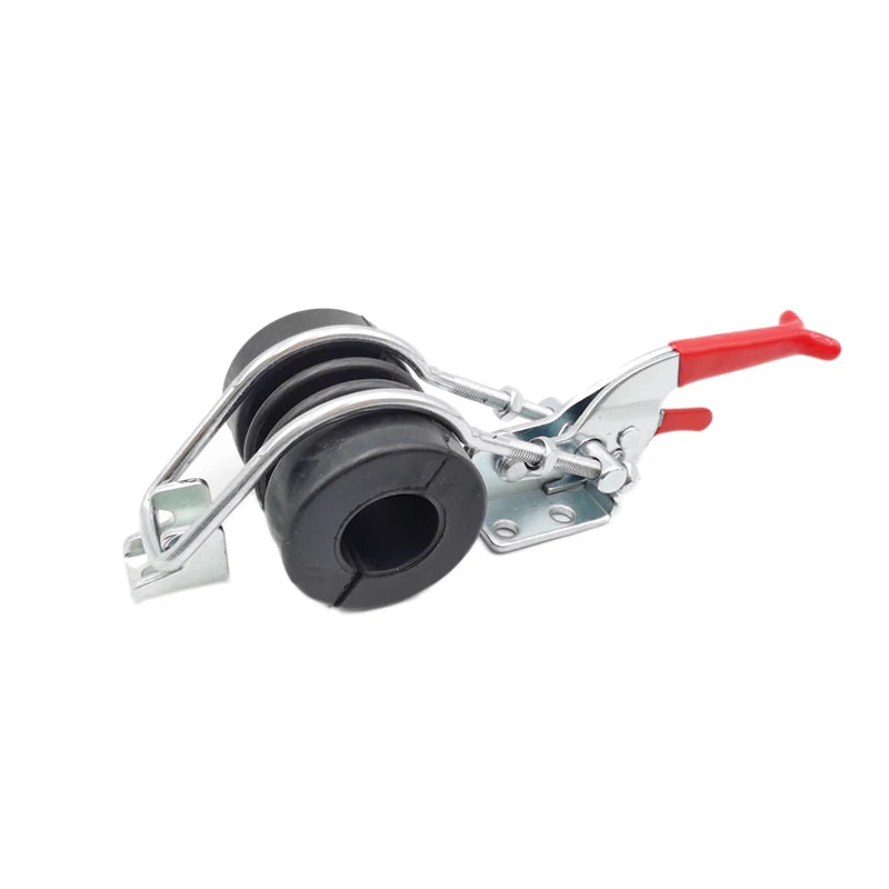 DJI Agras spray drone transport fixing clip with black rubber grommet, silver metal clamp and red handle on white background