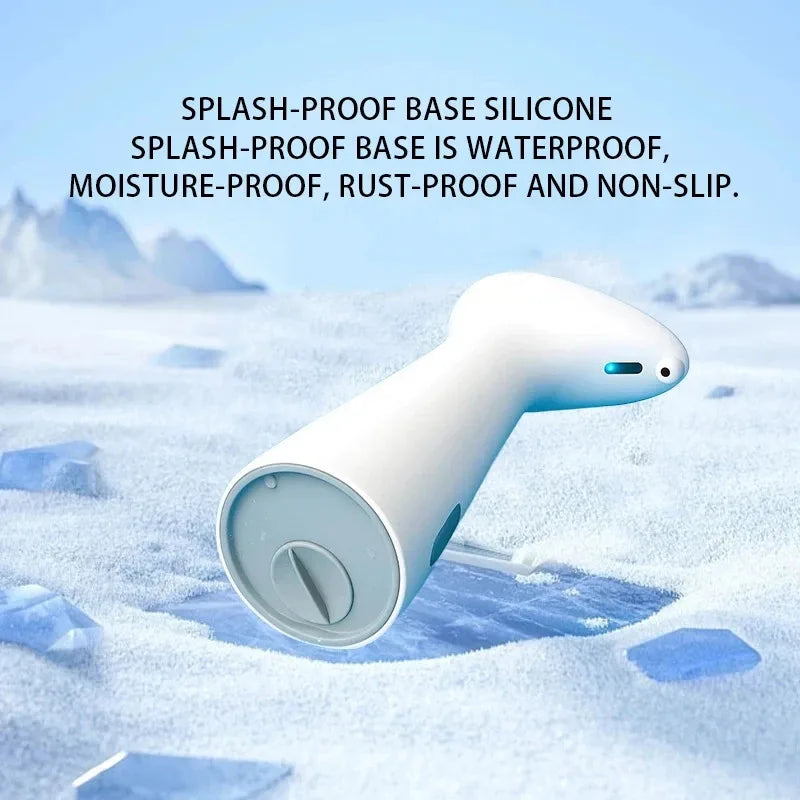 White electronic device with text about splash-proof base silicone on a snowy background