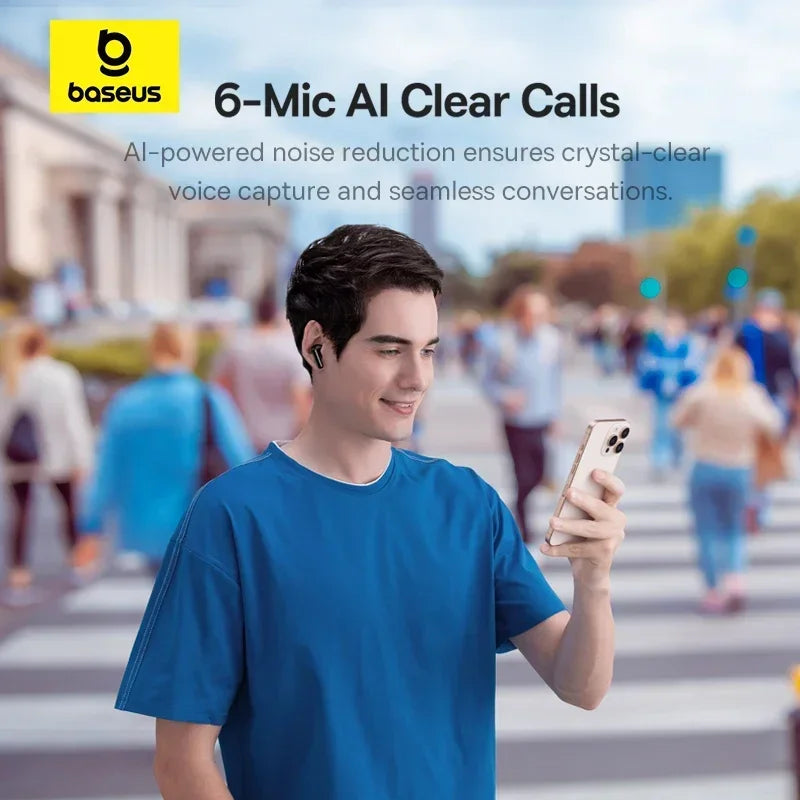 Person using smartphone with wireless earbud – Baseus 6-mic AI ENC clear calls
