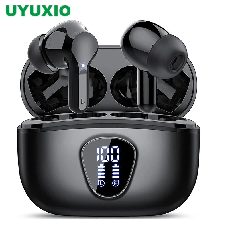Black wireless earbuds with charging case and digital display on a white background, branded 'UYUXIO'.