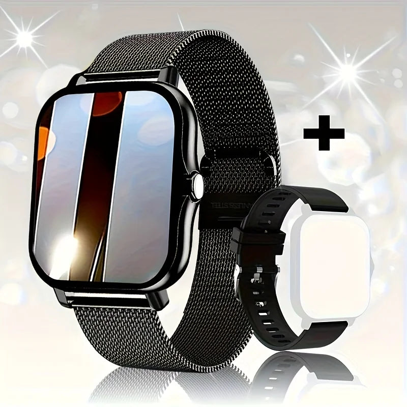 Smartwatch with black metal mesh band on a reflective surface with sparkling background